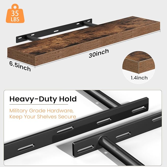 Fun Memories Floating Shelves for Wall, 30 Inch Set of 2 Rustic Wood Wall - Image 4