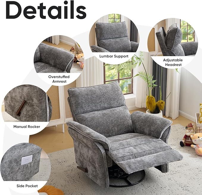 Rocking Chair Nursery with Adjustable Headrest, Manual Swivel Rocker Recliner - Image 7