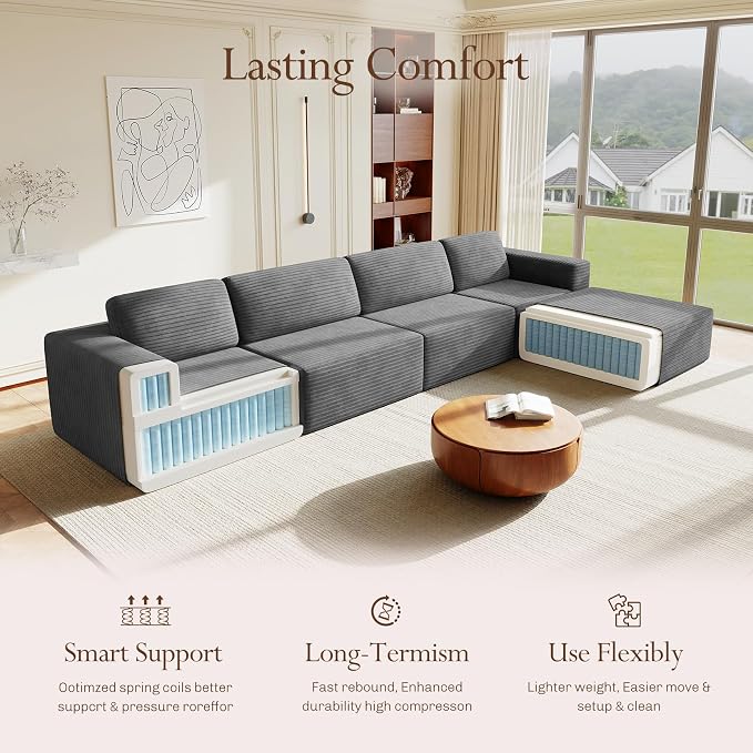 Vesgantti 159" Large Modular Sectional Sofa, L-Shaped Corduroy Cloud Couch - Image 4