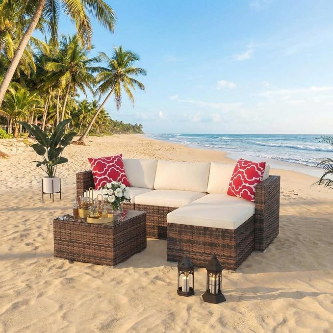 5-Piece Patio Sectional Sofa Set, All-Weather Brown PE Rattan Outdoor - Image 7