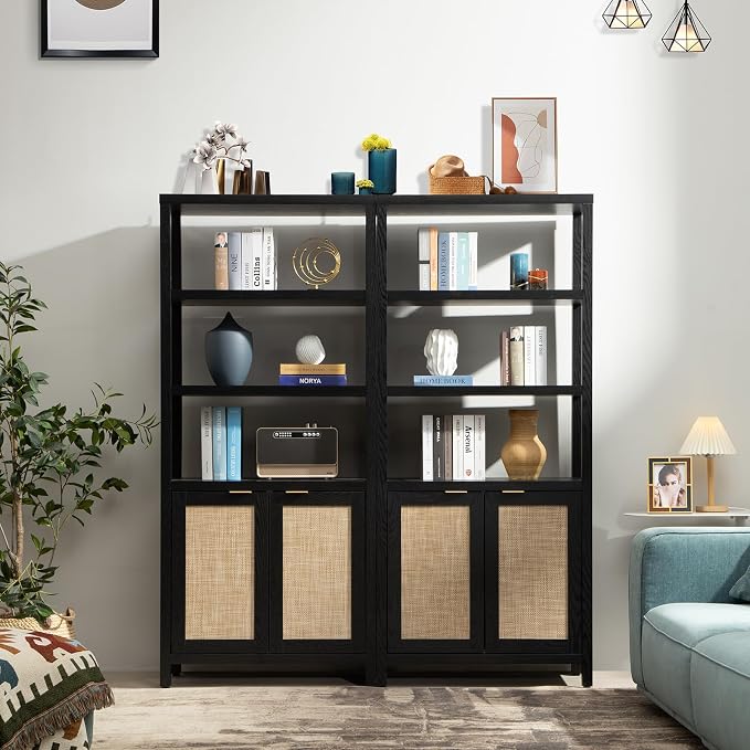 SICOTAS Bookshelf 5 Tier Book Shelf Rattan Boho 71" Tall Bookcase - Image 9