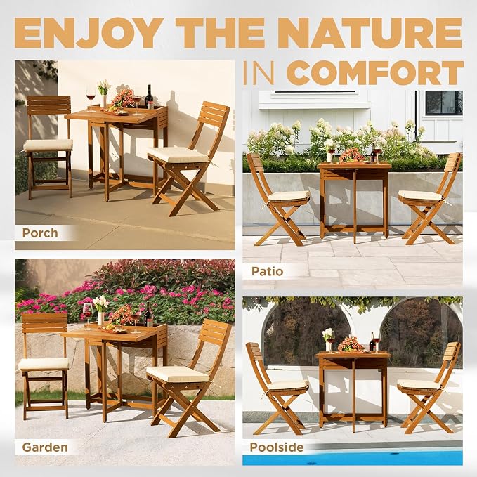 IDZO Natural 3-Piece Bistro Set: Foldable 400lbs Chairs, 220lbs Shelf Table - Image 6