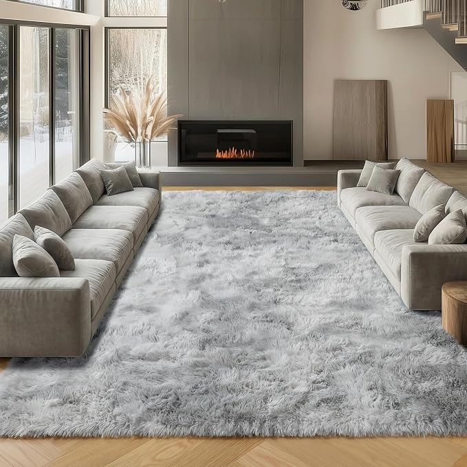 ONASAR Area Rugs 9x12 Living Room, Tie-Dyed Light Grey Large Fluffy Bedroom Rug by ONASAR