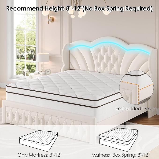 Keyluv Queen Bed Frame with LED Lights and 2 Storage Drawers, Velvet - Image 7