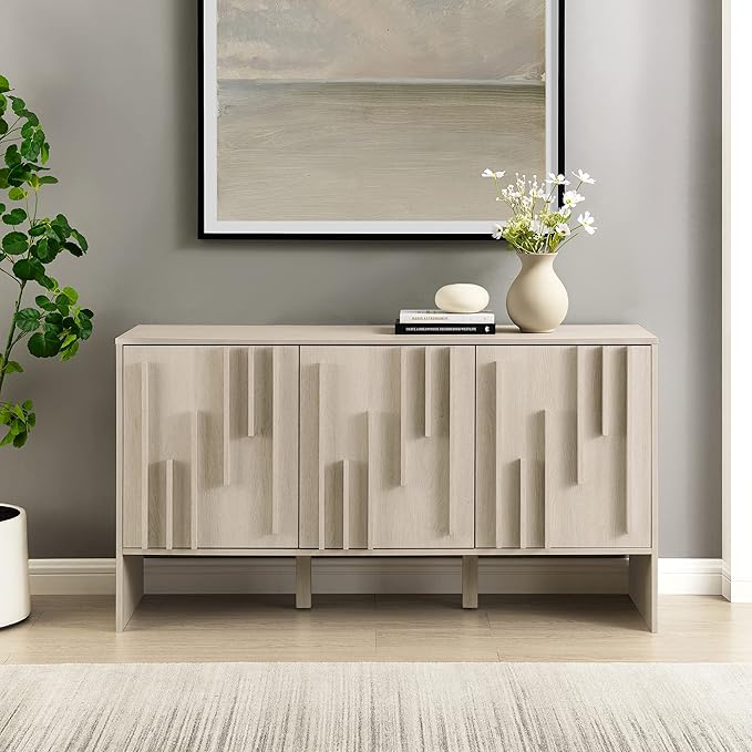 Walker Edison Contemporary Detailed 3-Door Sideboard 55 Inch Ivory Oak - Image 4