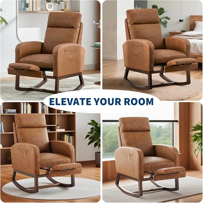 Rocking Chair Nursery with Foot Rest, Modern PU Upholstered Reading Glider - Image 7