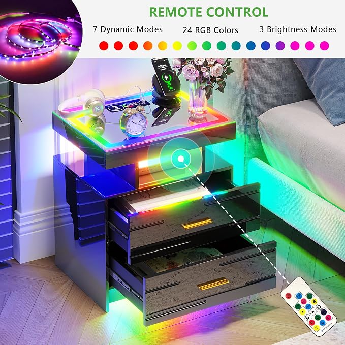 HNEBC RGB Nightstand with Wireless Charging Station, LED Night Stand with - Image 3