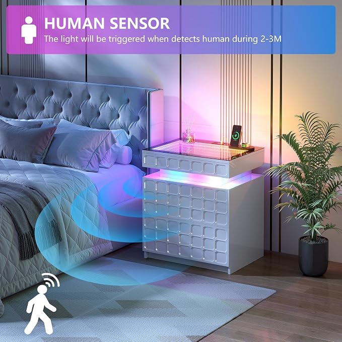 Night Stand with Charging Station and Smart RGB Lights, LED Nightstand with - Image 6