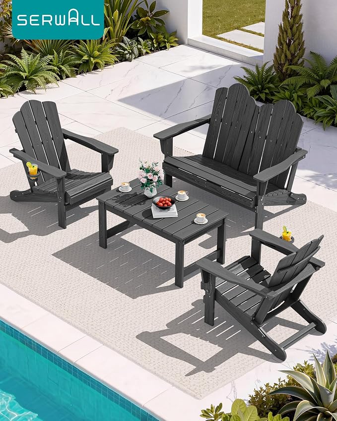 SERWALL Adirondack Bench, HDPE All-Weather Adirondack Loveseat, Outdoor - Image 2