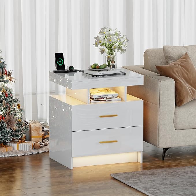 Smart Night Stand with Charging Station, Modern White Nightstand with 24 Color - Image 4