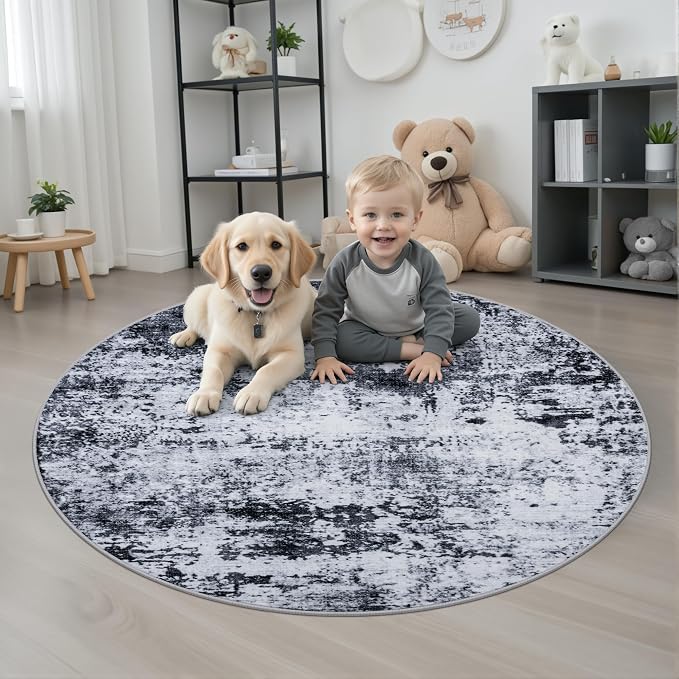Round Area Rug for Living Room: 5 ft Washable Modern Abstract Soft Thin Rug - Image 2