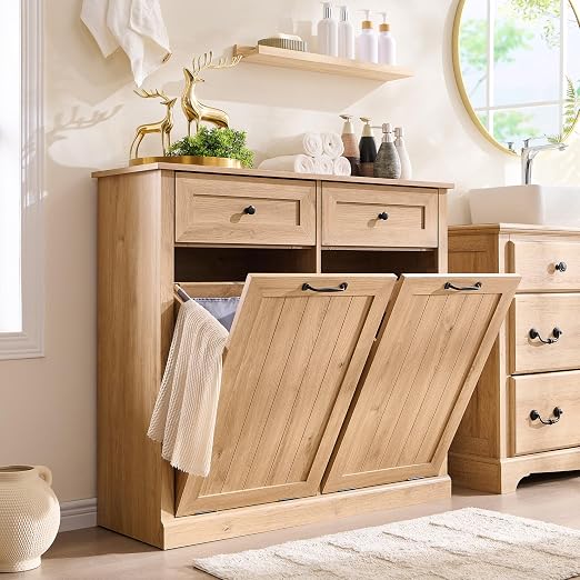 IFGET Double Tilt Out Trash Cabinet, 20 Gallon Farmhouse Laundry Hamper Cabinet - Image 6