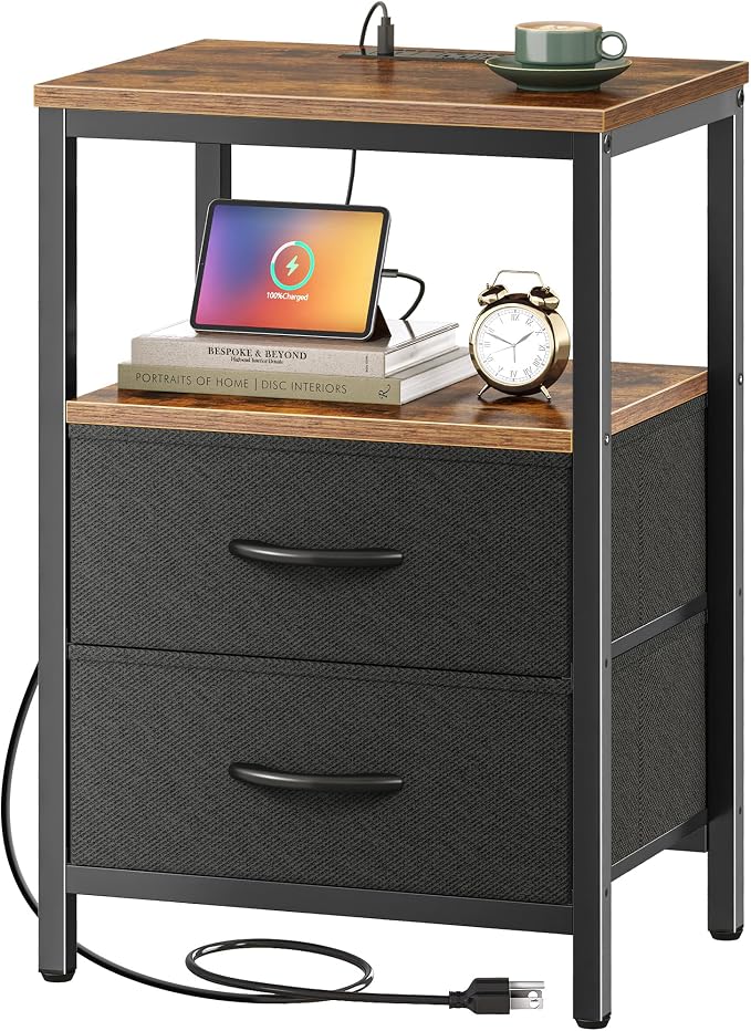Huuger Nightstand with Charging Station, Side Table with Fabric Drawers by Huuger