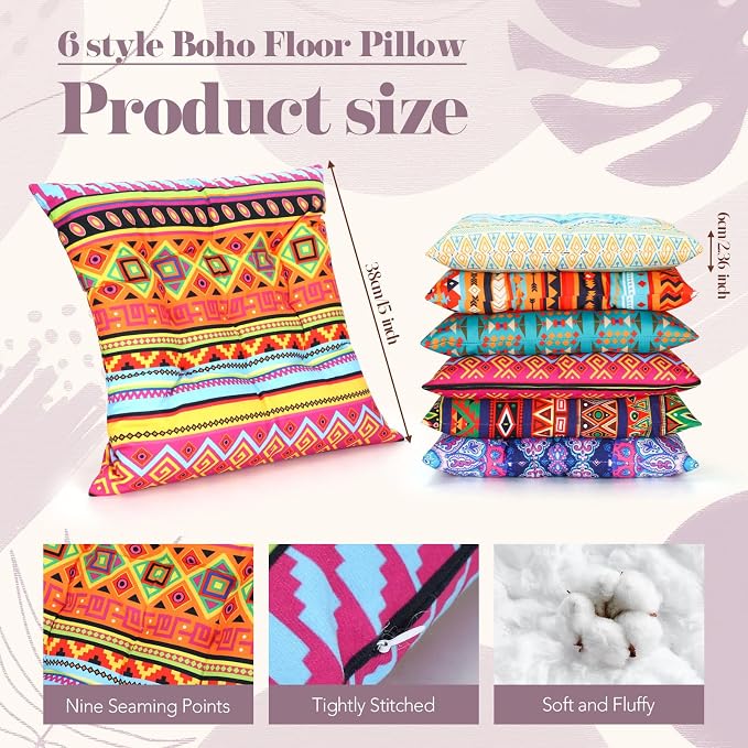Menkxi 6 Pcs Bohemian Floor Pillows Seating 15 Inch Boho Floor Cushions Sitting - Image 2