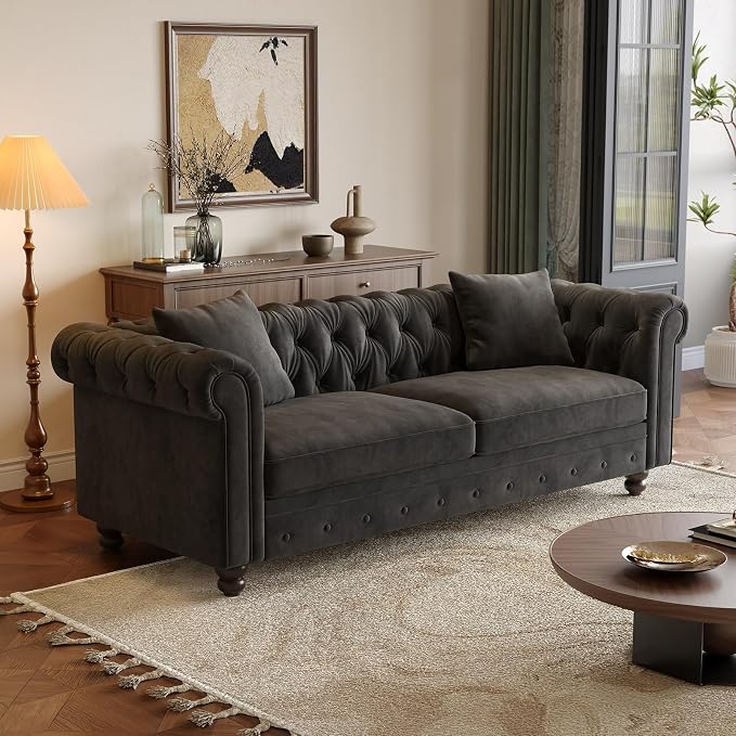 ONBRILL 82 Inch Chesterfield Sofa, 23 Inch Deep Seat Velvet Couch - Image 8
