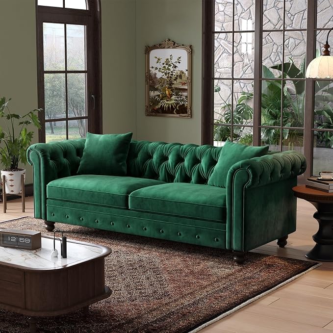 ONBRILL 82 Inch Chesterfield Sofa, 23 Inch Deep Seat Velvet Couch - Image 7