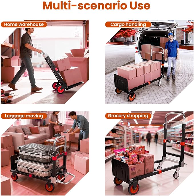 3-in-1 Folding Hand Trucks, 600Lbs Convertible Hand Truck Dolly, Heavy Duty - Image 6