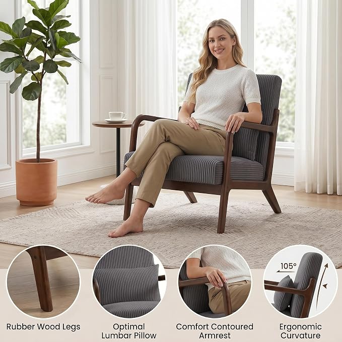 Mid Century Modern Accent Chair, Upholstered Corduroy Armchair - Image 6