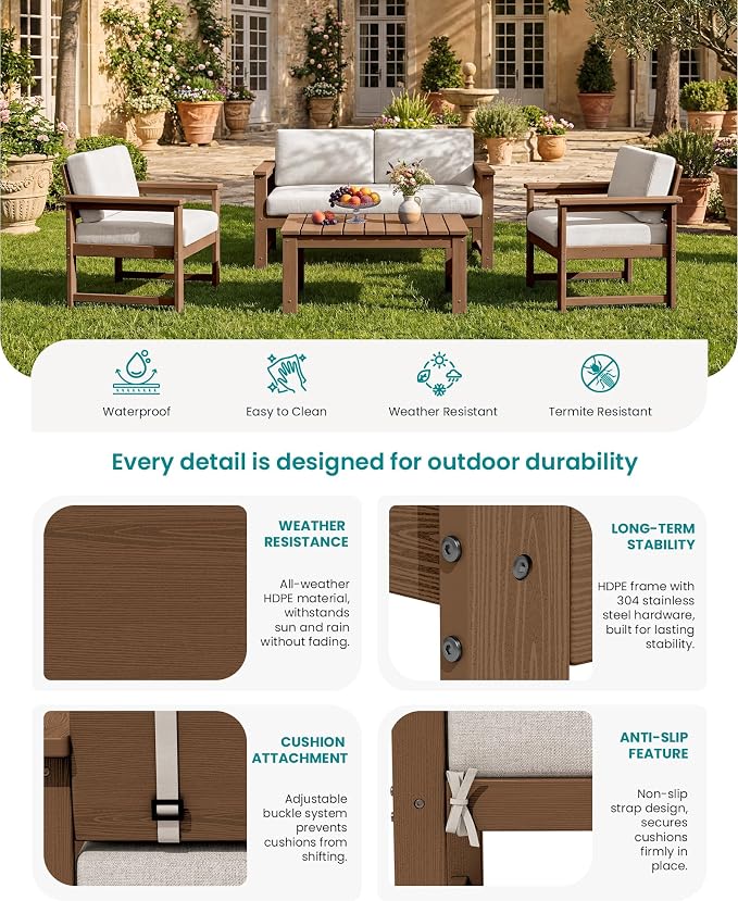 SERWALL 2 Pieces Single Cushioned Lounge Chair, HDPE Outdoor Adirondack Sofa - Image 4