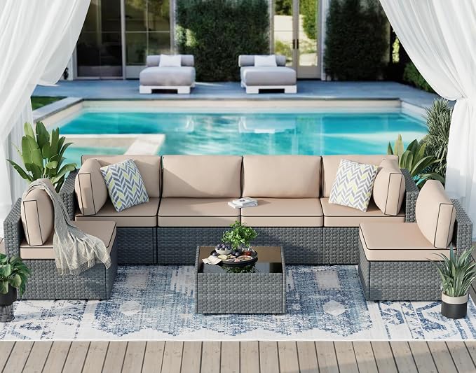 JAMFLY 7-Piece Outdoor Patio Furniture Set, Modular PE Rattan Sectional Sofa - Image 3
