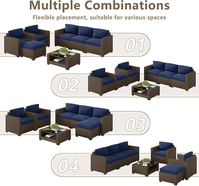LOUVIXA 7 Piece Outdoor Patio Furniture Set, Rattan Chairs Glass Table Wicker - Image 4