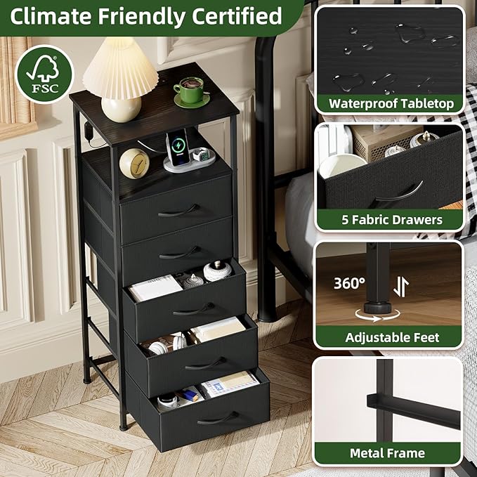 Somdot Black Nightstand with Charging Station and LED Light - Image 6