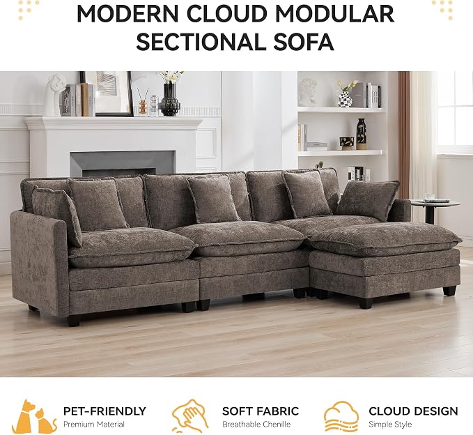 111'' Sectional Cloud Deep Seat Couch, Modern Comfy Chenille L Shaped Sectional - Image 7