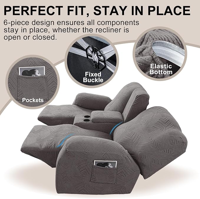 Recliner Loveseat Covers with Console, 6-Piece Stretch Geometric Strokes - Image 4