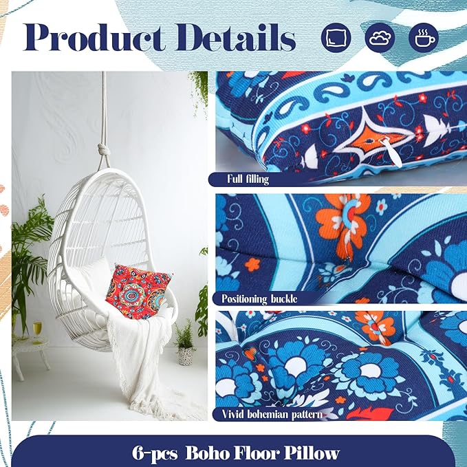Menkxi 6 Pcs Bohemian Floor Pillows Seating 15 Inch Boho Floor Cushions Sitting - Image 3