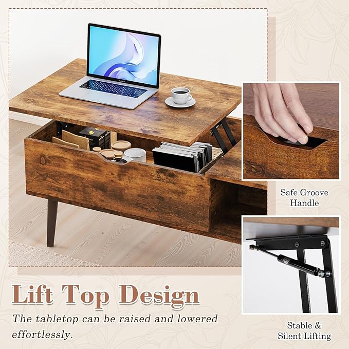 OLIXIS Wooden Coffee Table, Lift Top Coffee Table - Image 3