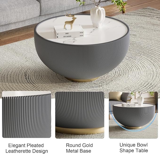 SSLine Bowl-Shape Coffee Table Modern Sintered Stone Top Coffee Table in Grey - Image 5