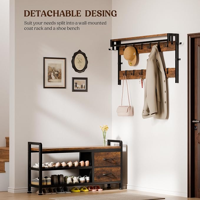 Lulive Hall Tree with Bench and Shoe Storage, 39.4” Entryway Bench with Coat - Image 6