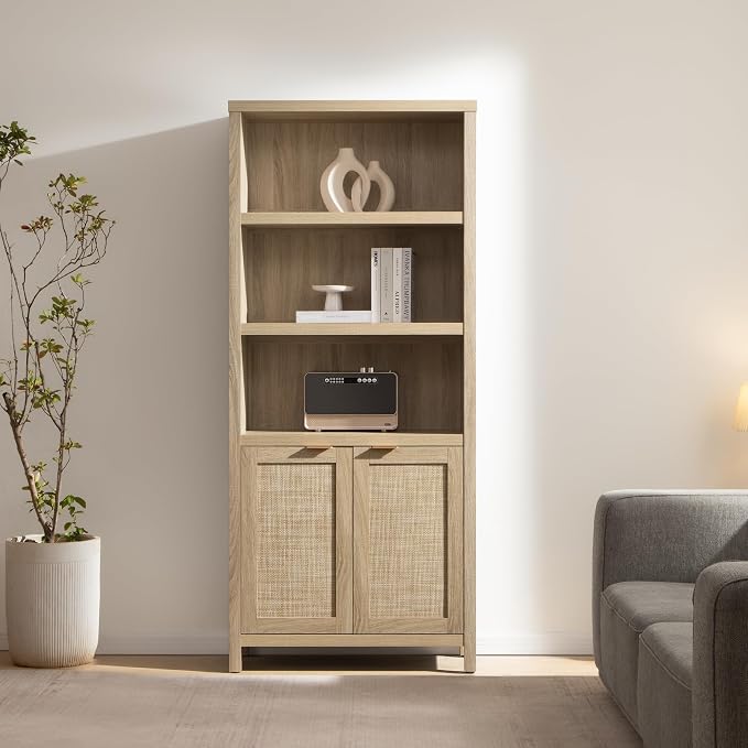SICOTAS Bookcase 71" Tall Bookshelf 5 Tier Rattan Boho Bookcase - Image 3