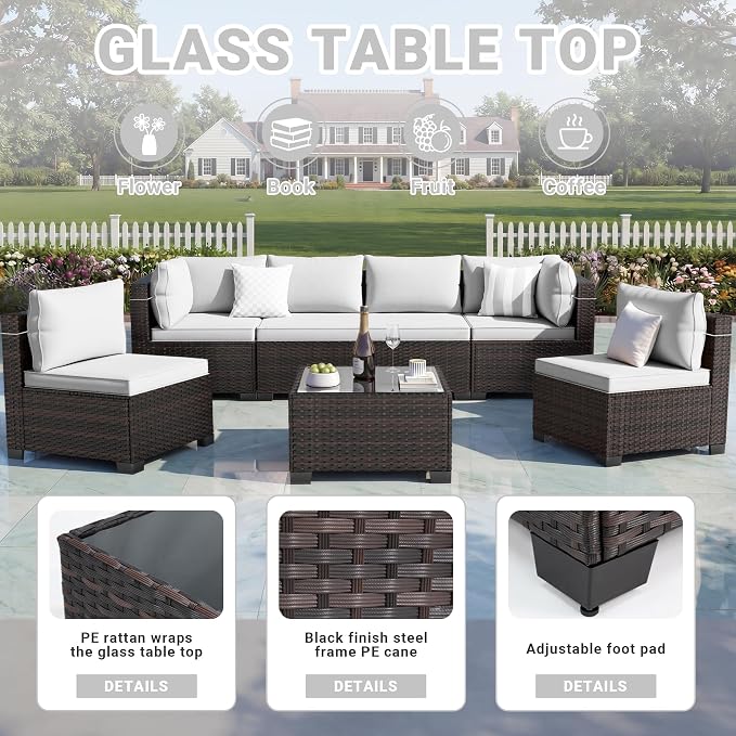 CHABATREE 7pcs Outdoor Patio Furniture Sets, Rattan Conversation Sectional Set - Image 4