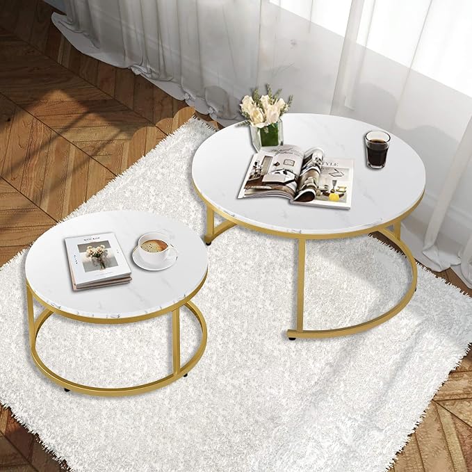 AT-VALY Coffee Table Set of 2 Nesting Tables, Round Sofa Table - Image 2