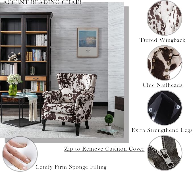 Mid Century Modern Accent Chair Upholstered Armchair Comfy Cowhide-Print Fabric - Image 3