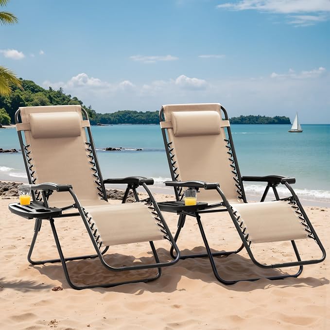 Devoko Set of 2 Zero Gravity Lounge Chairs, Outdoor Folding Adjustable Steel - Image 7