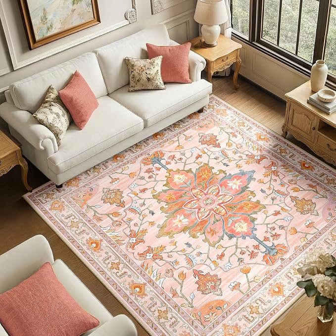 RELEANY Area Rugs Square 6ft Washable Non-Slip, Floral Vintage Distress Print by RELEANY