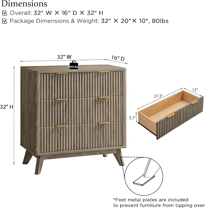 T4TREAM Fluted 3 Drawers Nightstand, Oversized Extra Large Modern Side Table - Image 2