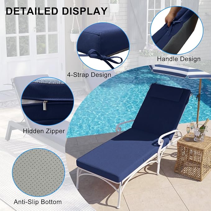 Outdoor Chaise Lounge Cushions, 71x21 Inch Olefin Water & Fade Resistant Pool - Image 2