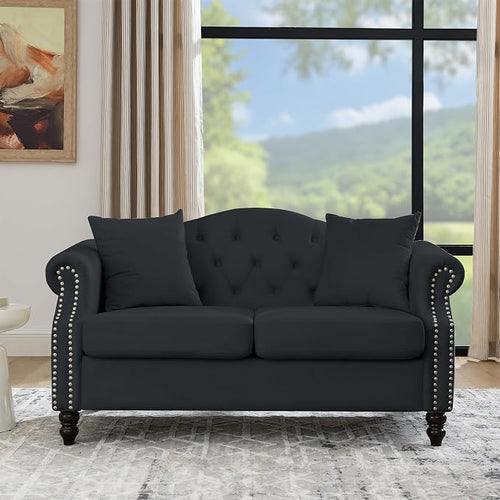 57" Chesterfield Black Velvet 2-Seater Sofa by Unknown
