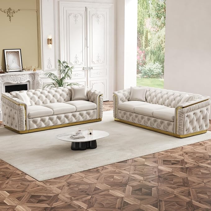 84.6" Luxury Chesterfield Sofa Velvet Tufted Sofa Black and Gold Couch - Image 7