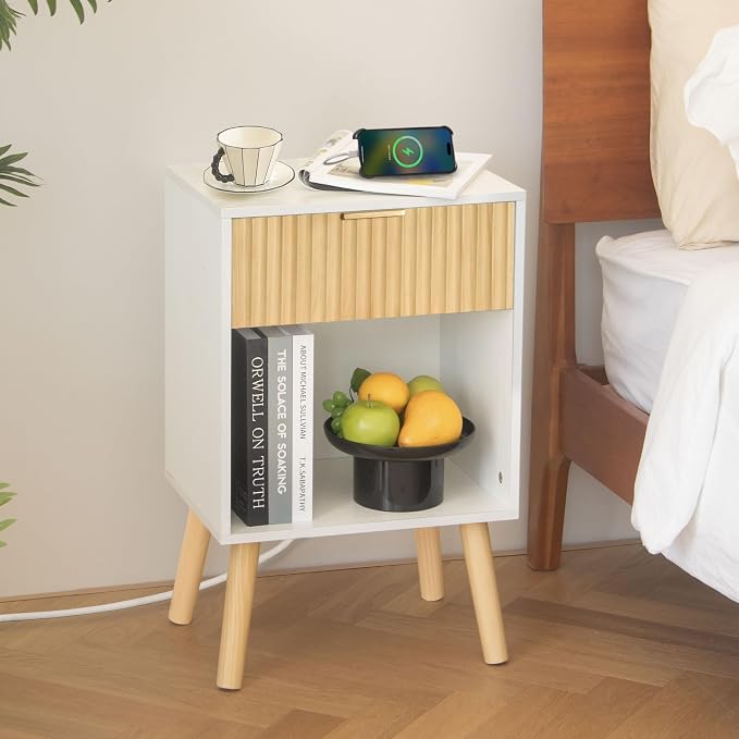 Fultyle Night Stand with Charger Station, Modern Wood Nightstand with Drawer - Image 2