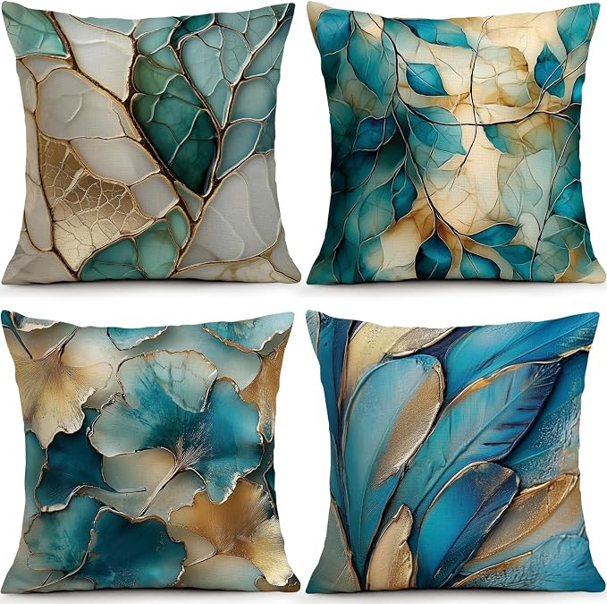 OBSEDE Teal and Gold Leaf Decorative Throw Pillow Covers 18x18 Set of 4 by OBSEDE