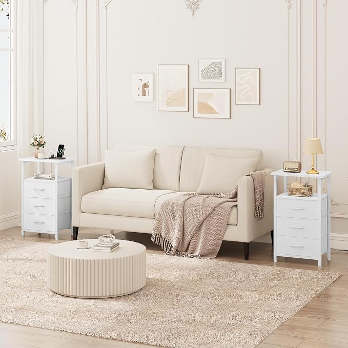 Vagusicc Nightstand with Charging Station, End Table Side Table with 3 Fabric - Image 5