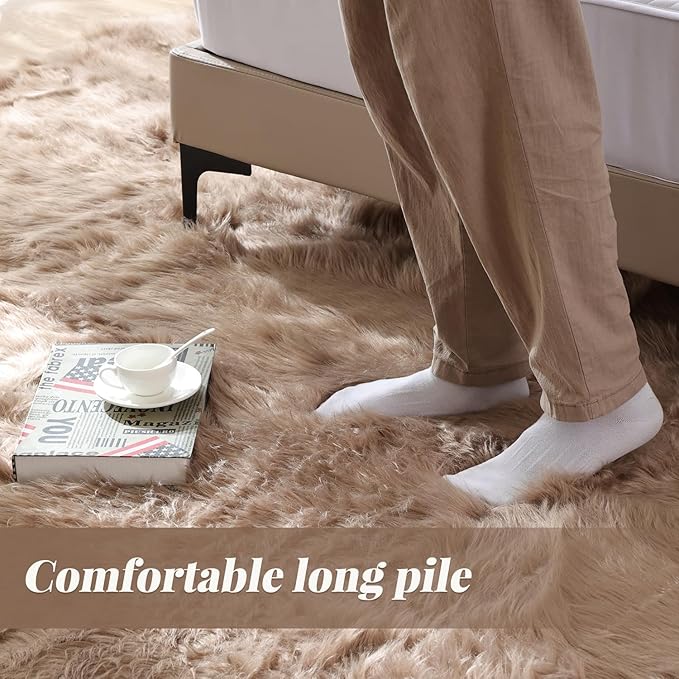 ORINOVA Beige Fuzzy Living Room Washable Area Rug 5ft Round Shag Faux Sheepskin - Image 7