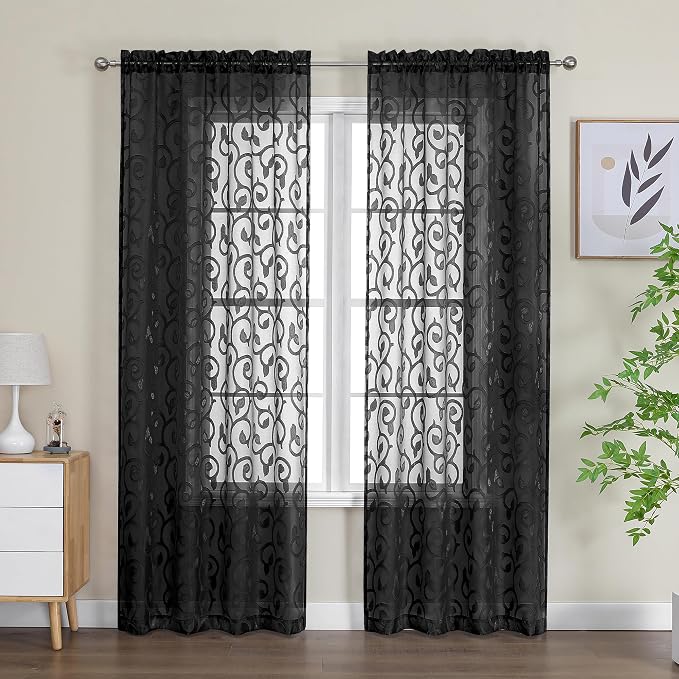 OWENIE Furman Extra Long Sheer Black Curtains 96 inches Long - Image 2