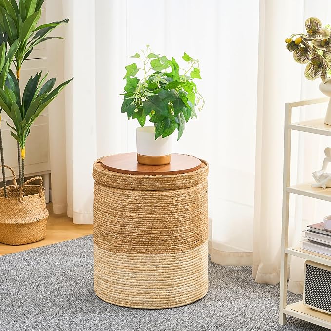 Wimarsbon Round Pouf Ottomans, Handwoven Natural Water Hyacinth Seagrass Pouffe - Image 5