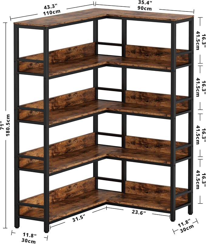 IRONCK Corner Shelf 5 Tiers 70LB Capacity L-Shaped Bookshelf - Image 3