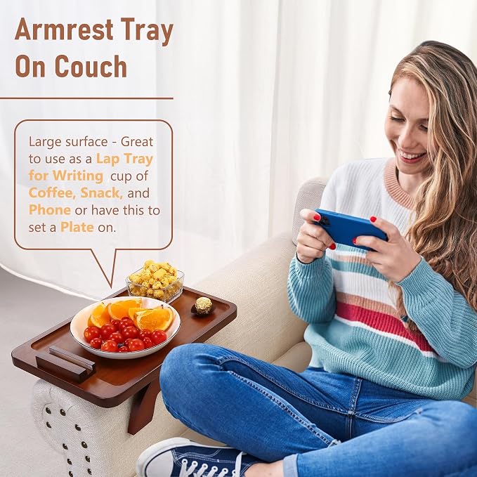 SINWANT Couch Arm Tray, Bamboo Couch Arm Table - Image 2